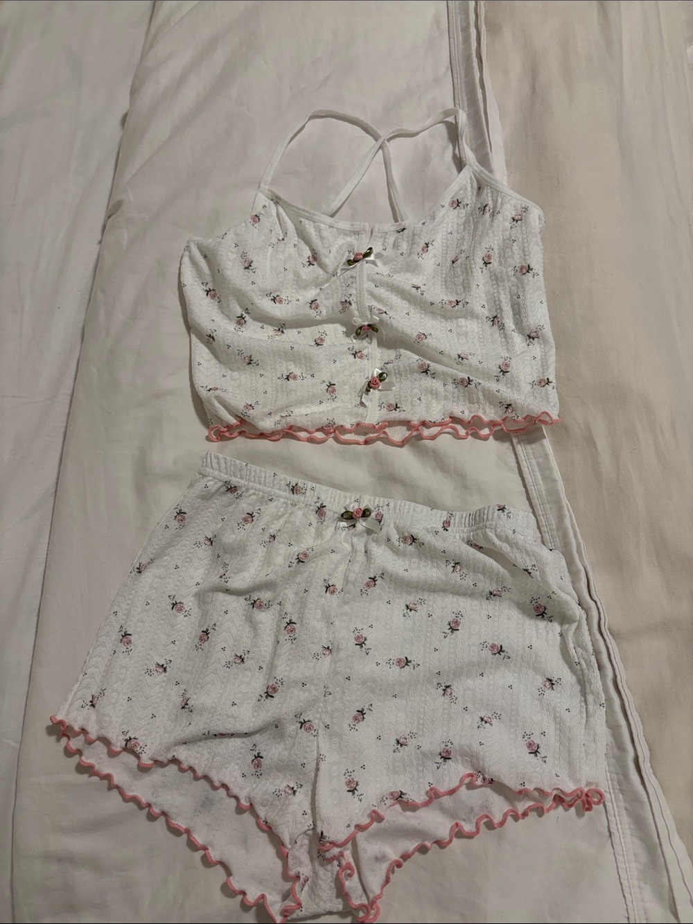 SHEIN White Floral Cami & Shorts Sleep Set with Pink Trim